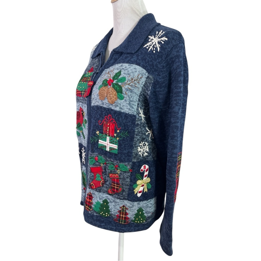 Vtg Christmas Cardigan Sweater M Blue Knit Zip Up Holiday Elbow Patch Cardinal - Picture 6 of 8